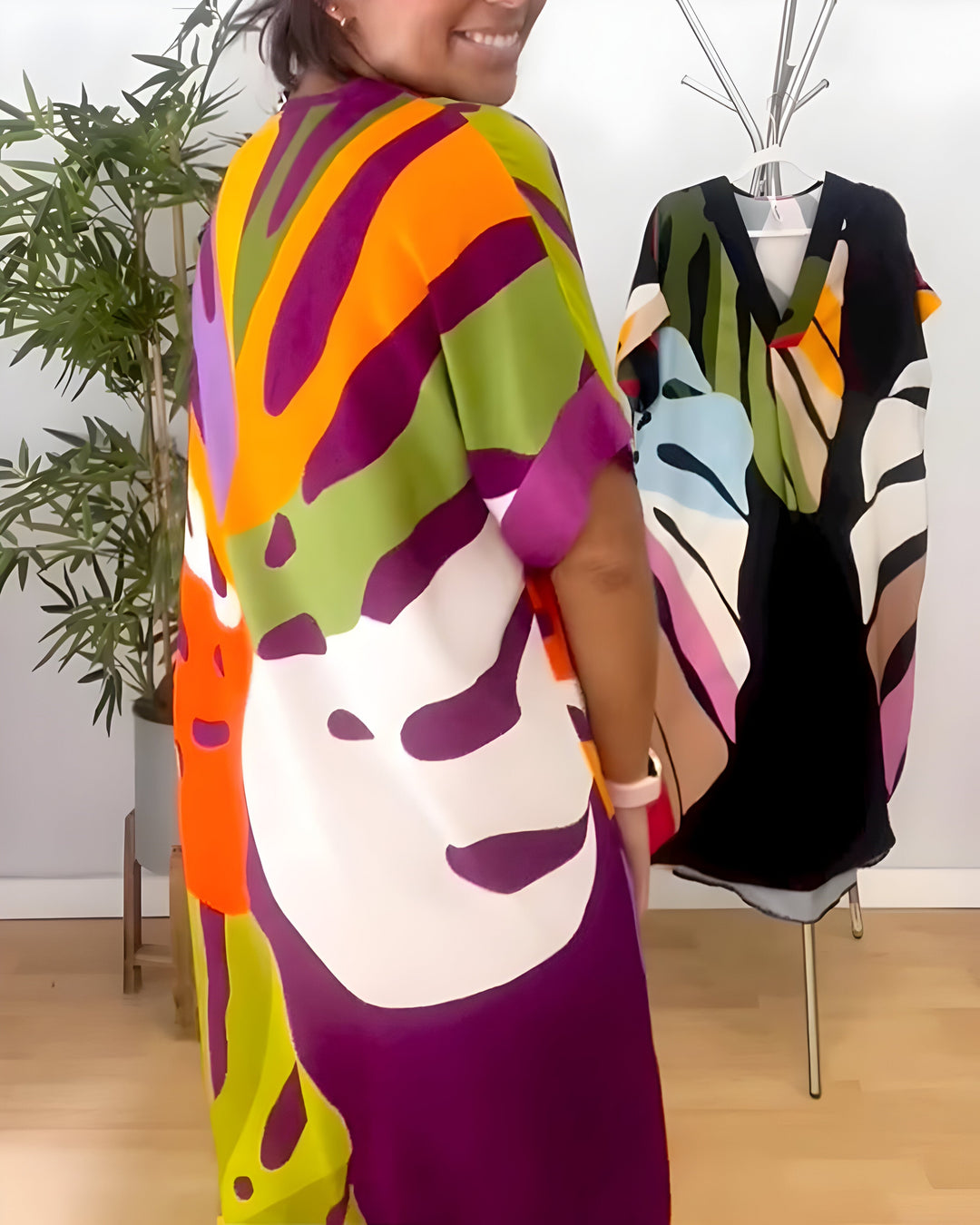 Ailsa Casual Dress with Colorful Leaf Print, view 8 - Elena Harper