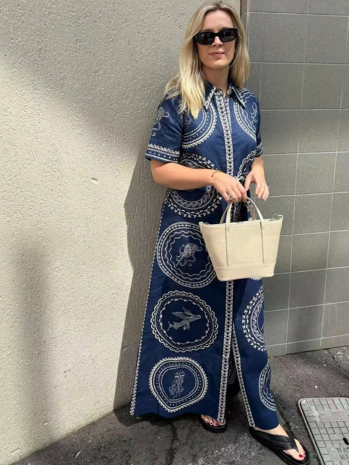 Jellyfish Print Linen Waist Dress