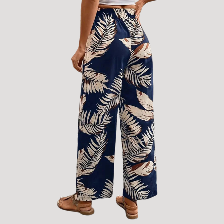 Women's Wide-Leg Tropical Print Pants with Drawstring Waist