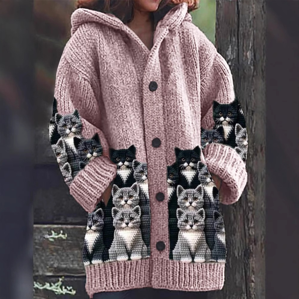 Jasmin - Cozy Knit Cat Print Cardigan