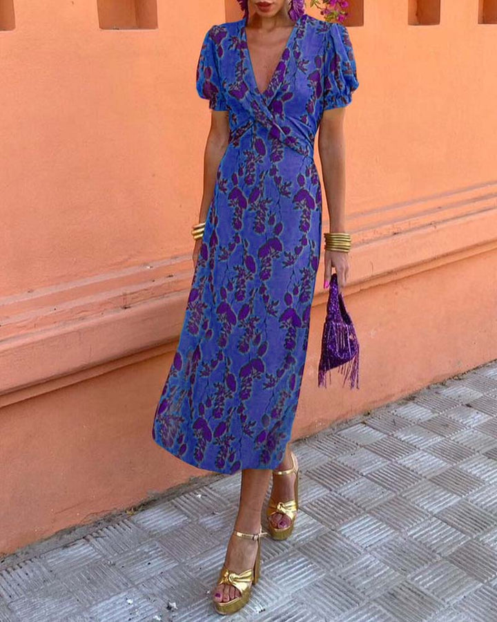 Aria Elegant Deep V-neck Dress With Leaf Pattern - Elena Harper