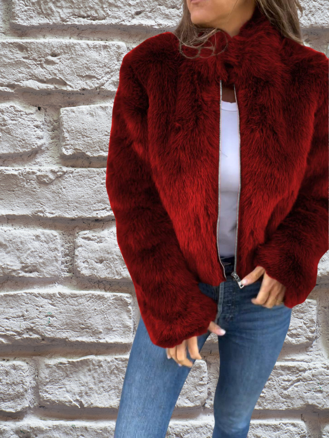 Short Zipped Women's Jacket with Long Sleeves and Faux Fur