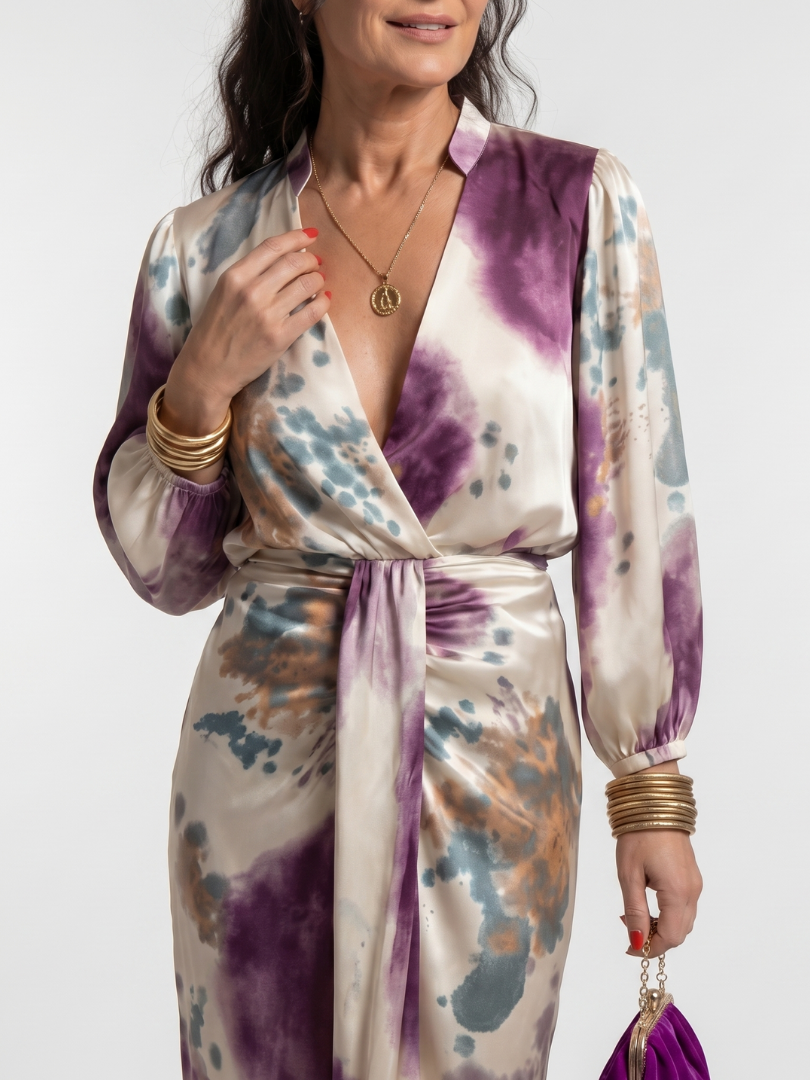 Women's Printed Cross Wrap Tie Waist Midi Dress