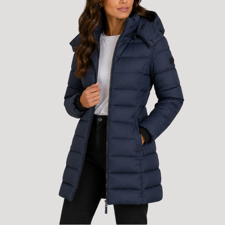 Long Women's Puffer Jacket with Hood and Zipper Closure