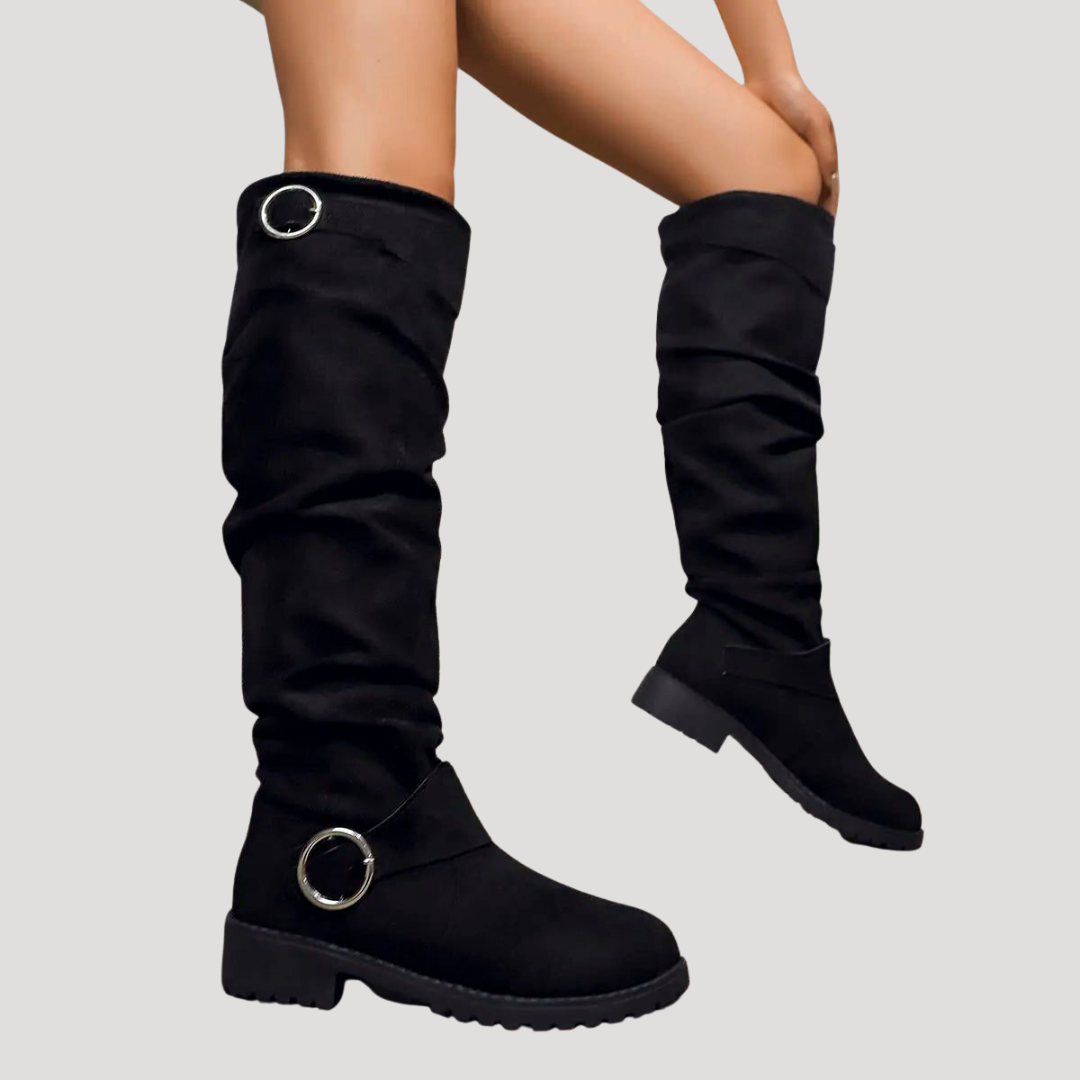 Women's Suede Knee-High Boots with Buckle Detail