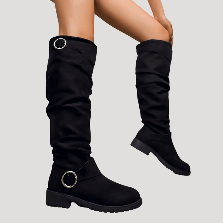 Women's Suede Knee-High Boots with Buckle Detail
