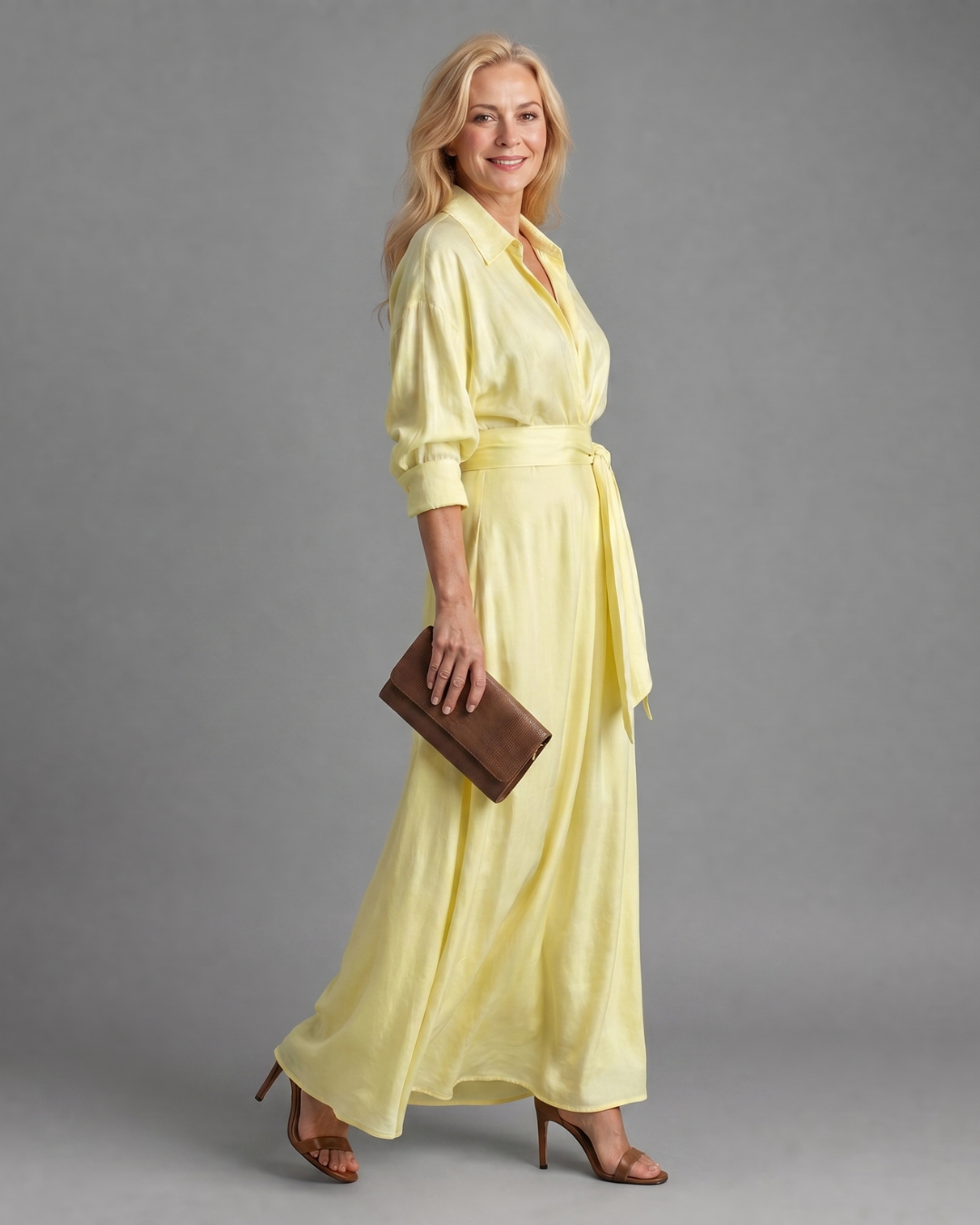 Zelith Belted Collared Flowing Long Sleeve Midi Dress - Elena Harper