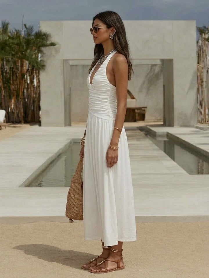 Resort Style Ruched Front Cross Back Linen Blend Maxi Dress