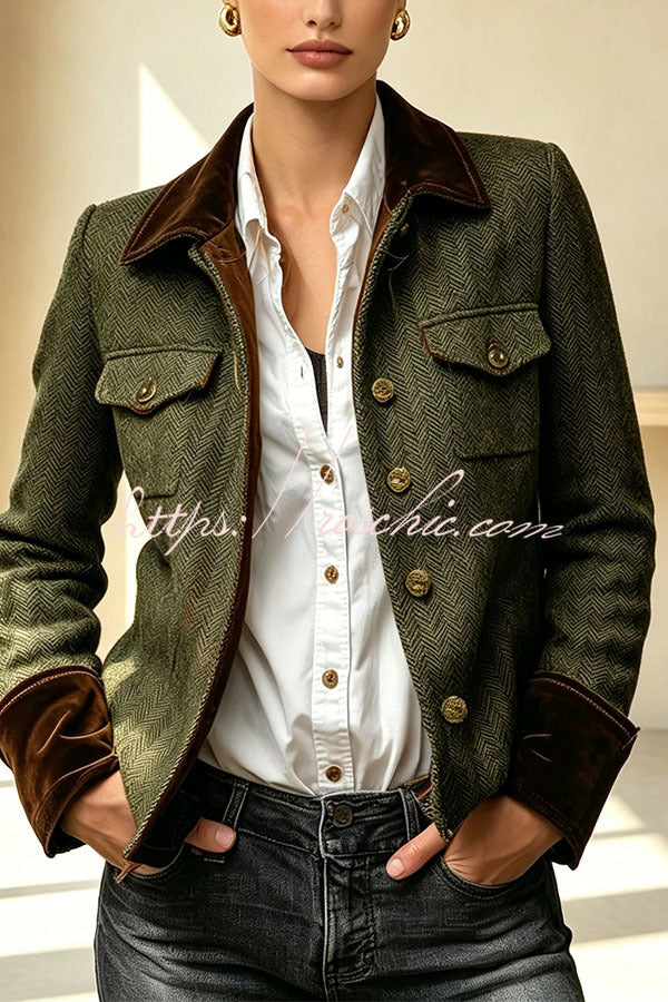 Vintage Herringbone Tweed Velvet Trim Button Up Pocket Long Sleeve Jacket