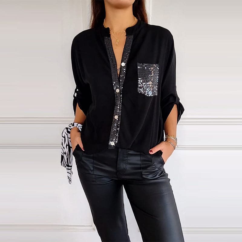 Women's Sequin Trim Button-Up Shirt - Elegant & Versatile
