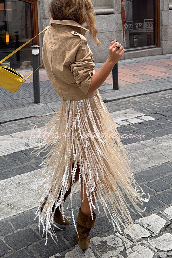 Champagne Party Layered Sequined Tassels Mid Rise Elastic Waist Midi Skirt, view 3 - Elena Harper