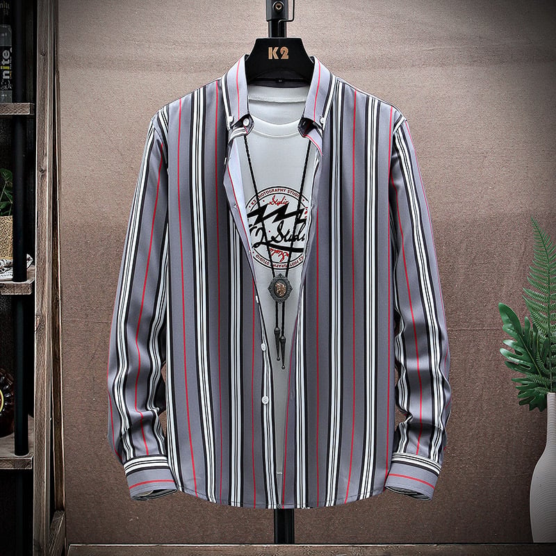 Men's Long Sleeve Shirt with Notched Collar and Striped Pattern