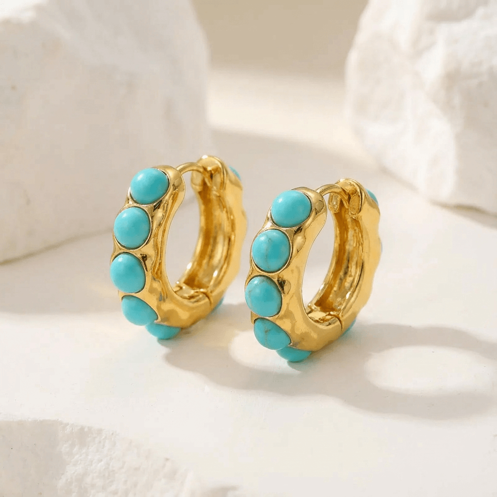 Bold Turquoise Stone Sculpted Hoop Earrings - Elena Harper