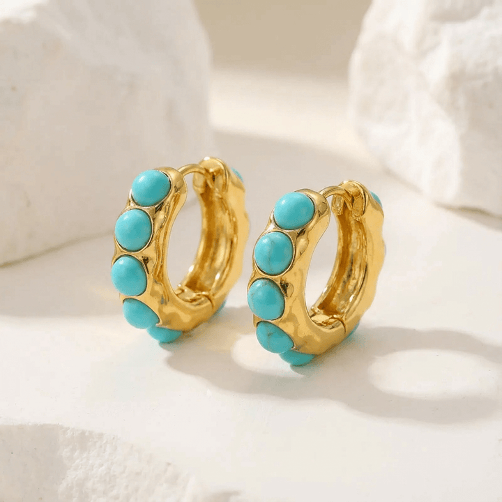 Bold Turquoise Stone Sculpted Hoop Earrings - Elena Harper