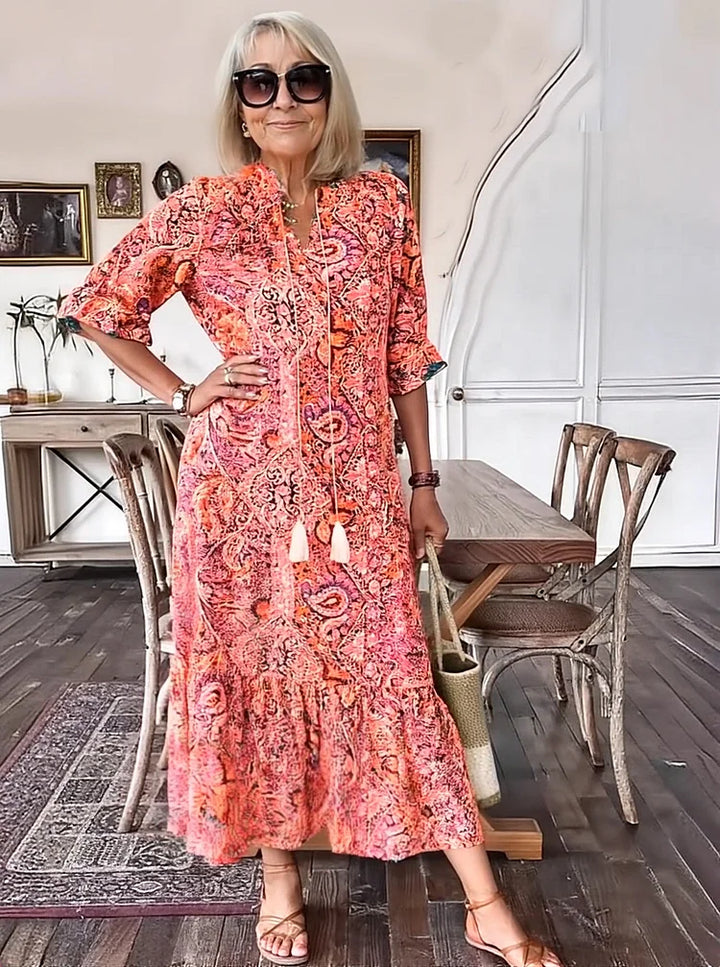 Carolette Boho Drawstring Neck Maxi Dress - Elena Harper