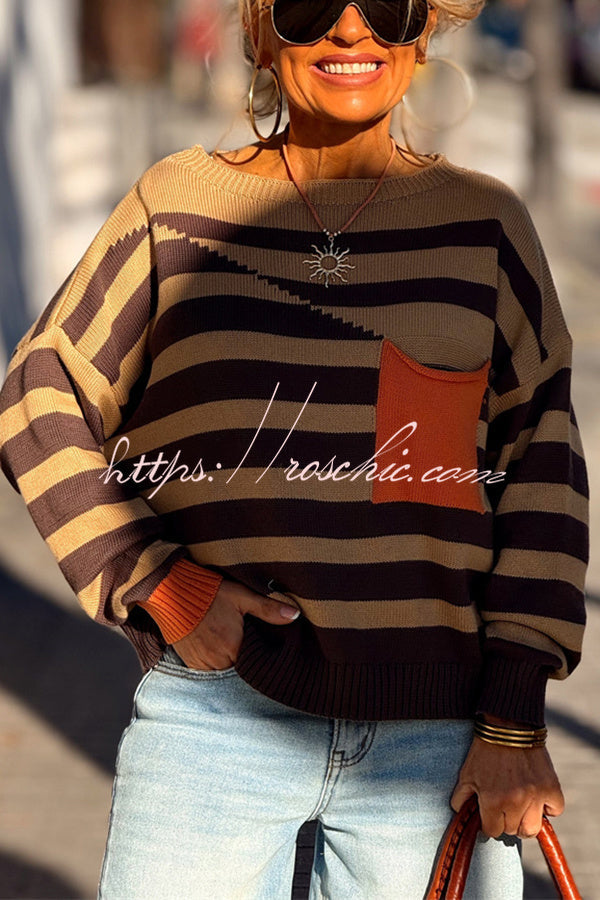 Xander Knit Color-block Stripes Wide Neck Long Sleeve Pocket Relaxed Sweater
