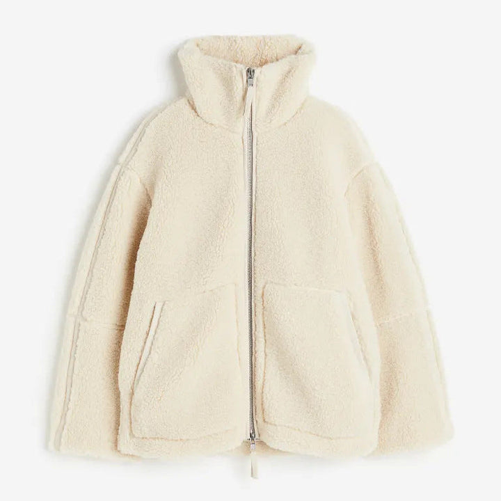 Loose Front-Zip Plush Coat for Women with Structured Lapel - Eirene