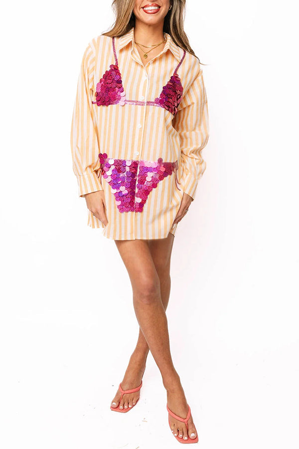 Vacation Vibe Gold Sequin Long-sleeved Bikini Pattern Blue & White Stripe Button Up Pocket Tunic (Shipped Within 24 Hours)