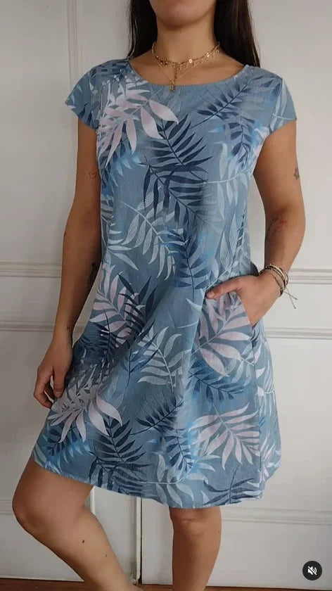 Printed summer dress in cotton and linen for women with pockets - Elena Harper
