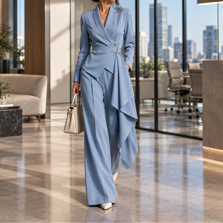 Drapevera Buckle-Belted Wrap Blazer And Wide-Leg Trouser Set - Elena Harper