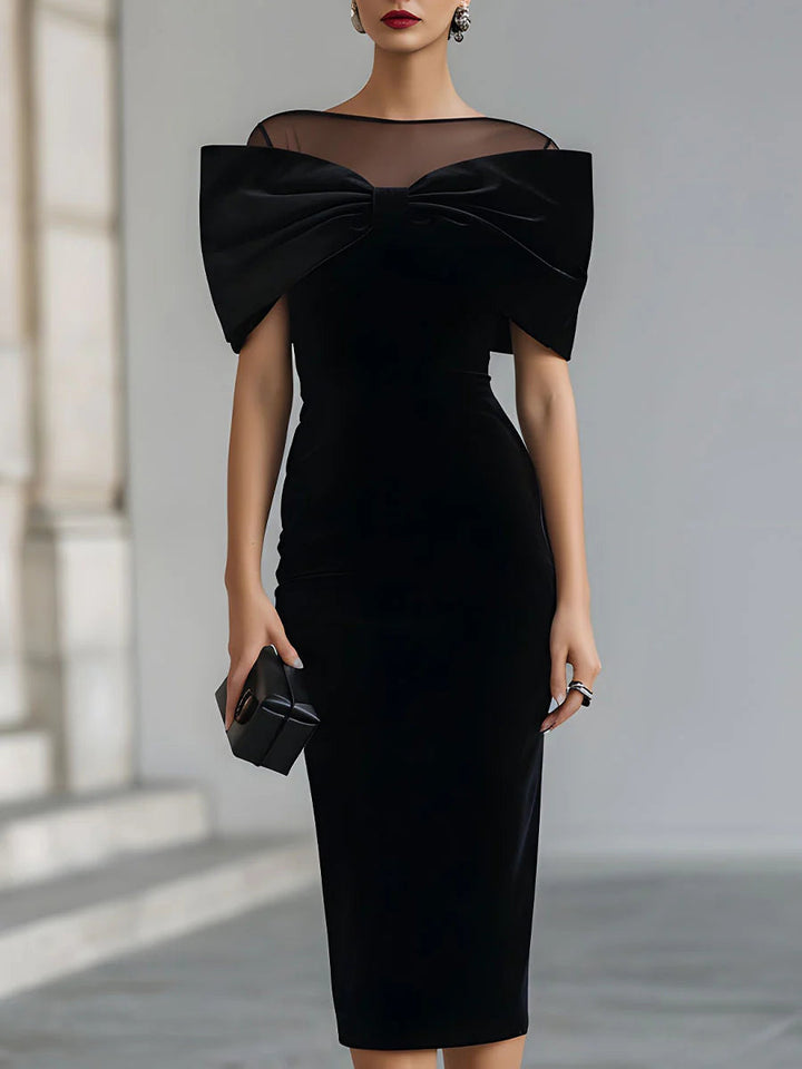 Dramatic Black Velvet Bow Midi Dress - Elena Harper