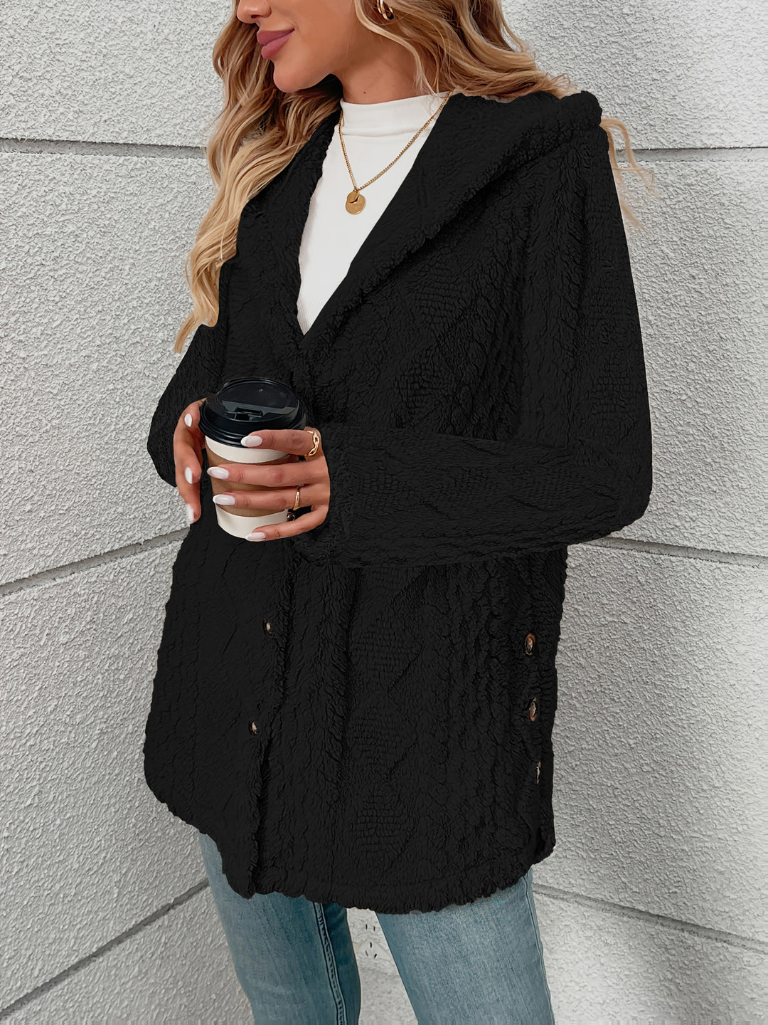 Delphine | Women's Textured Hooded Jacket in Soft Black Plush