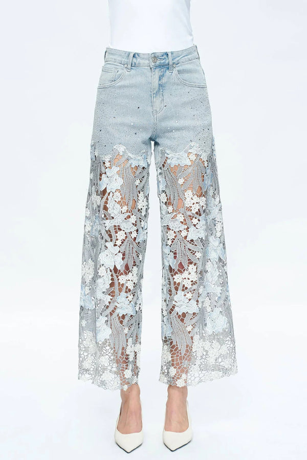 Elegant Lace Openwork Casual Pocket Straight Leg Jeans