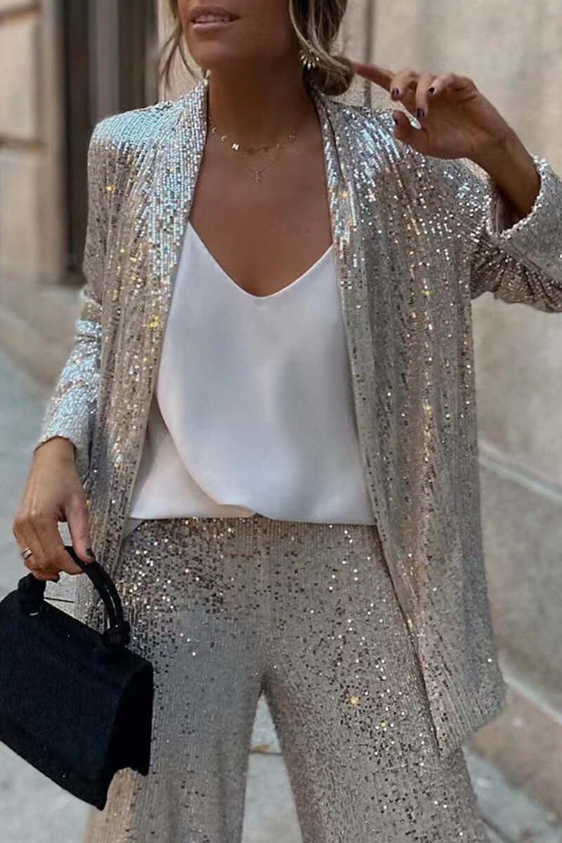 Sequin Long Sleeve Suit & Pants Set - Women
