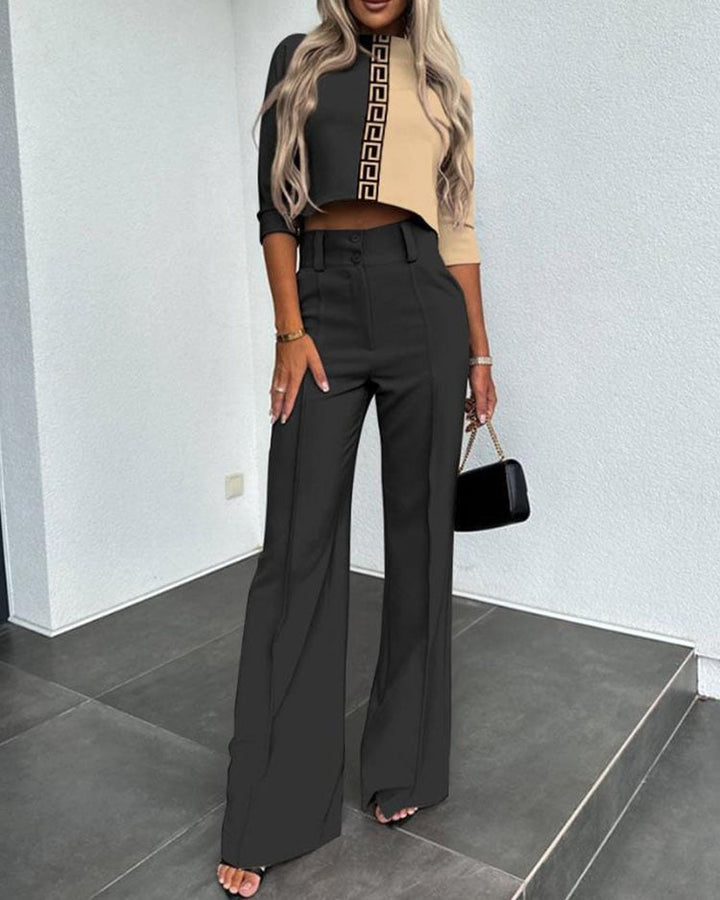 Solid Color Jacket and High Waist Straight Pants Set - Elena Harper