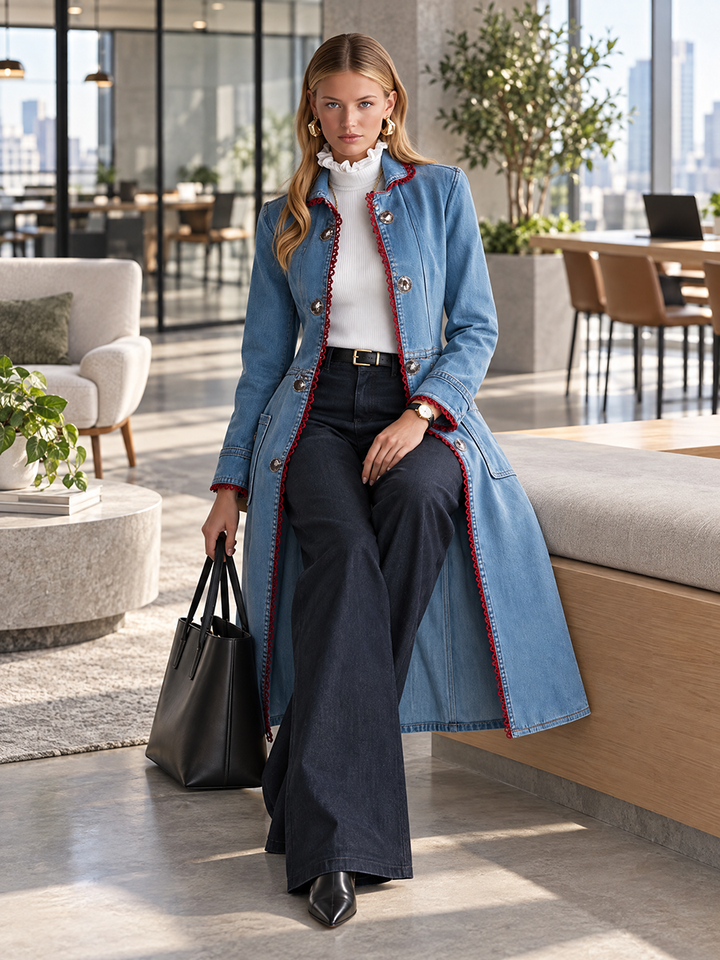 Long Denim  Red Lace Trim Duster Coat