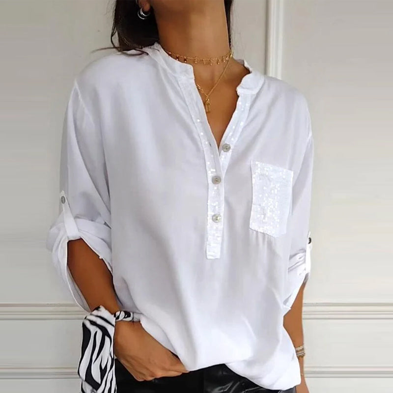 Women's Sequin Trim Button-Up Shirt - Elegant & Versatile