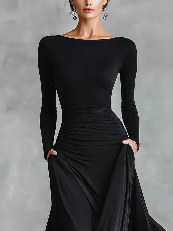 Modern long black crêpe dress with pleated boat neck - Elena Harper