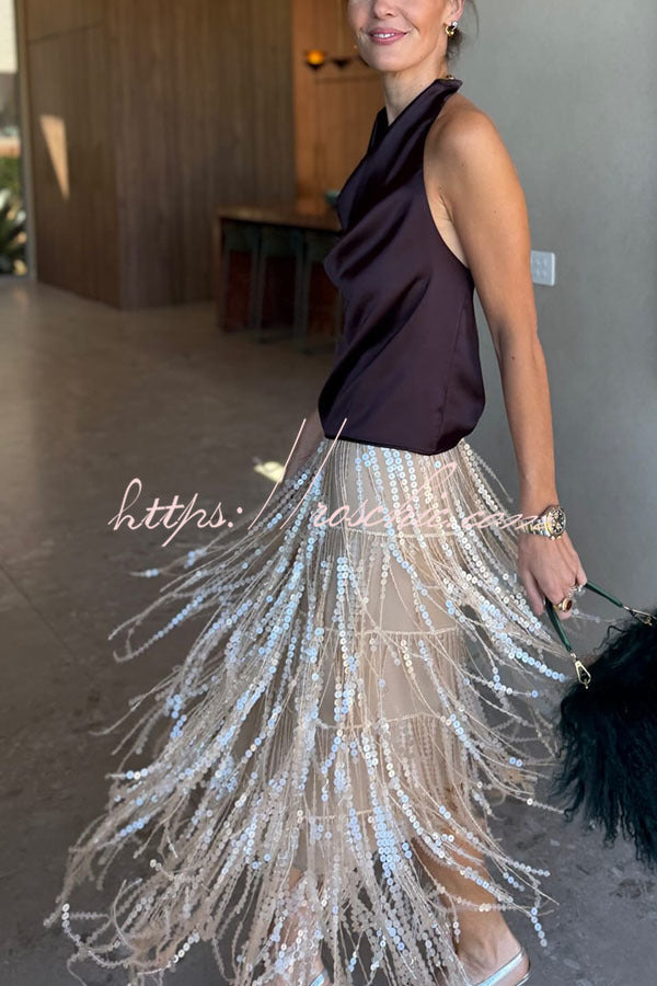 Champagne Party Layered Sequined Tassels Mid Rise Elastic Waist Midi Skirt, view 6 - Elena Harper