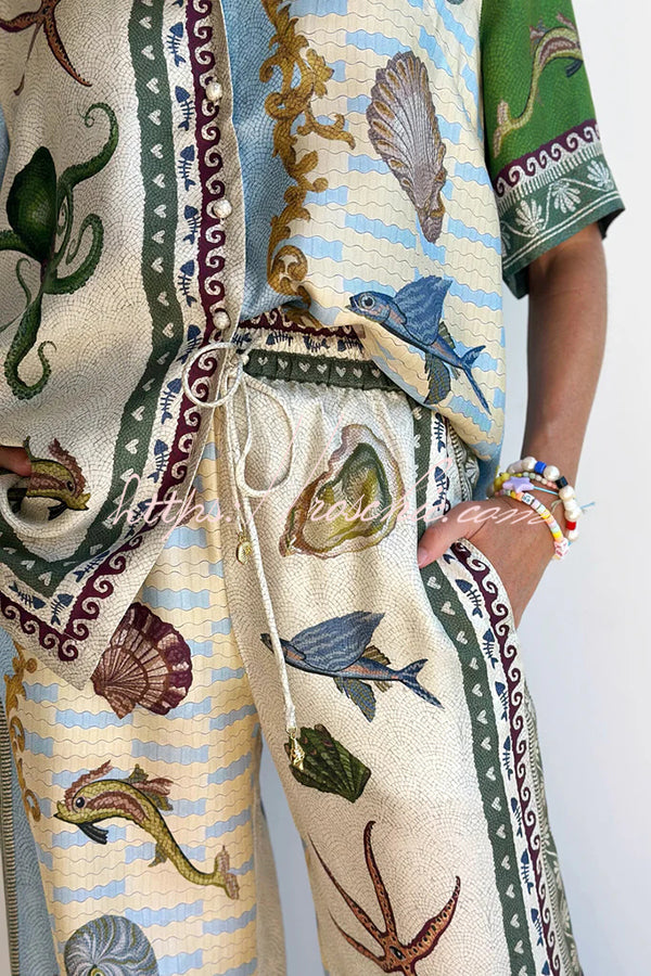 Deep Sea Dreaming Satin Unique Print Short Sleeve Shirt and Elastic Waist Pocketed Pants Set, view 4 - Elena Harper