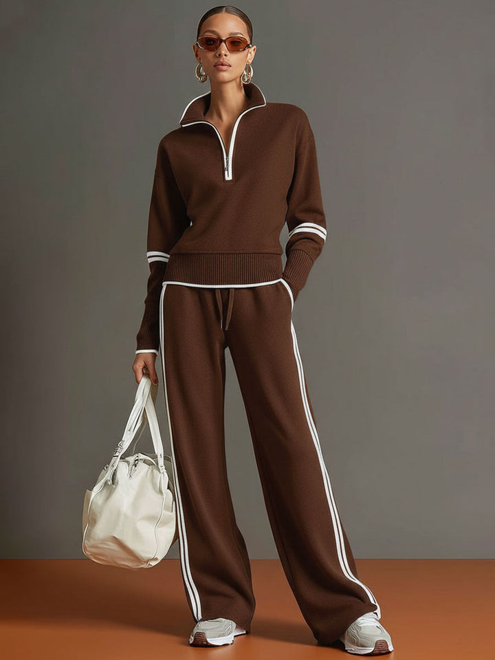 Retro Sporty Webbing Grey-white Half-zip Sweatshirt And Wide-leg Pants Set, view 10 - Elena Harper