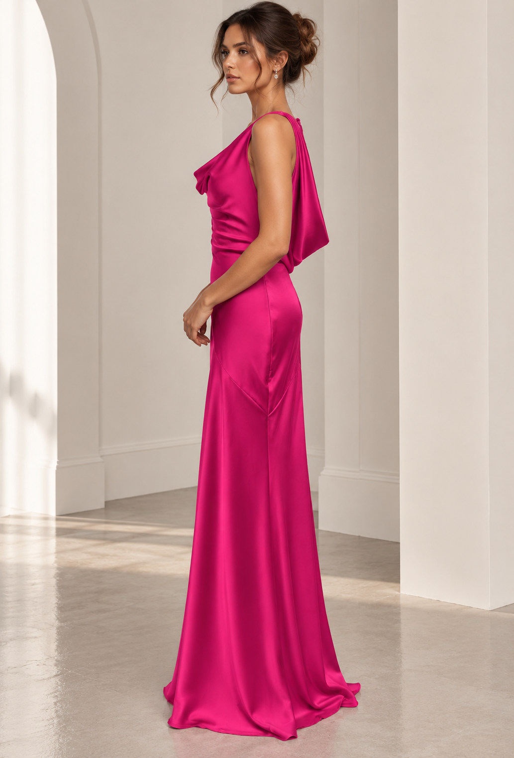 Women's Fuchsia Cowl Neck Maxi Wedding Guest Dress