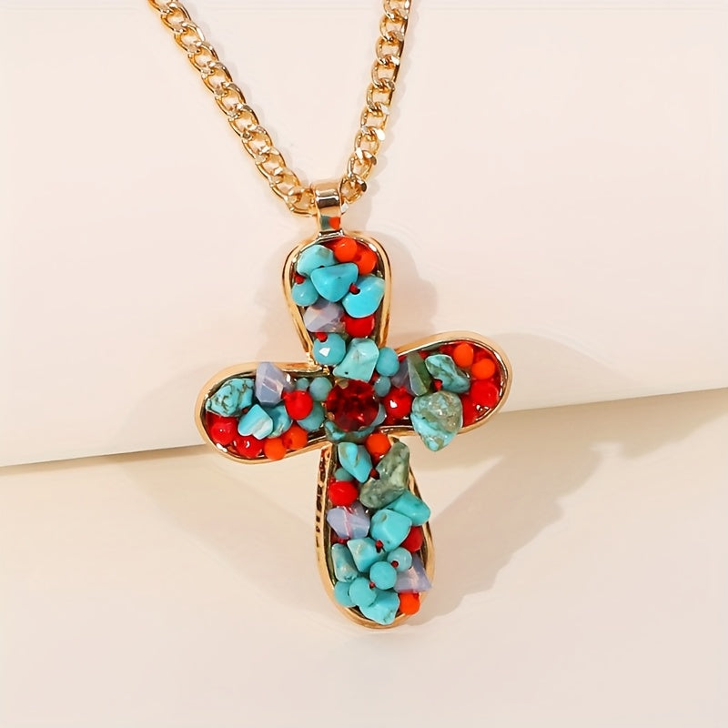 Bohemian Vibrant Colorful Turquoise Cross Pendant Necklace - Elena Harper