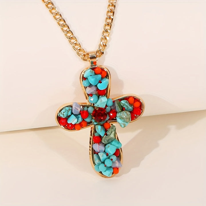 Bohemian Vibrant Colorful Turquoise Cross Pendant Necklace - Elena Harper