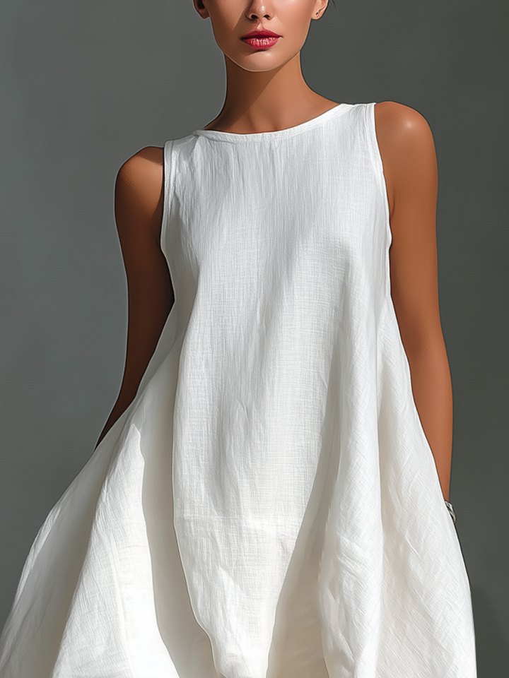White Linen Sleeveless Midi Dress for Women with Round Neck and Asymmetrical Hem, view 6 - Elena Harper