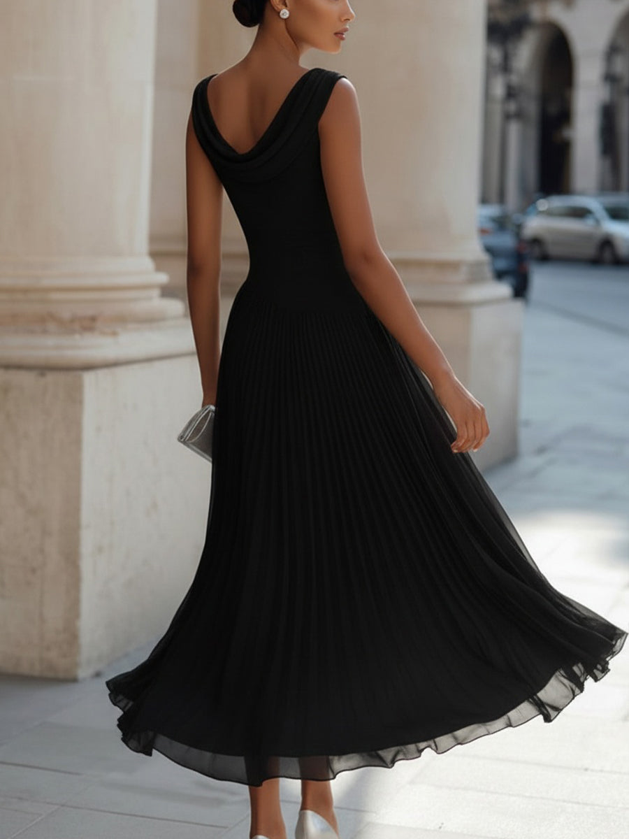Draped Neck Sleeveless Pleated Midi Dress - Elena Harper