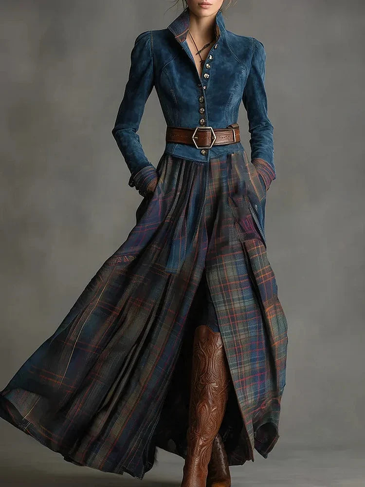 Maxi dress in retro style with blue plaid suede pattern (including belt) - Elena Harper