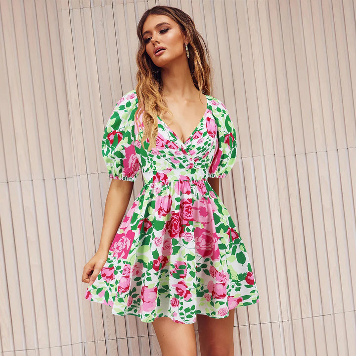 Val - Floral Printed Dress with V-Neck