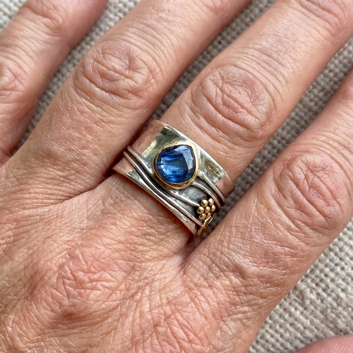 Blue Stone Silver & Gold Wide Band Ring