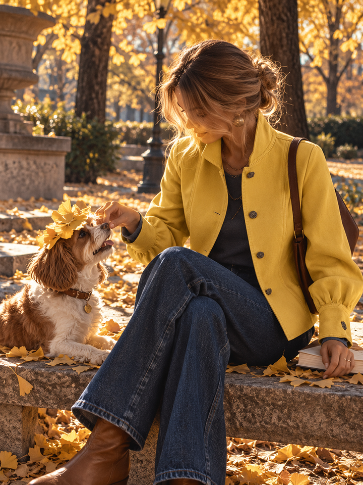 Classic Mustard Yellow Stand Collar Bishop Sleeve Tailored Button Front Jacket