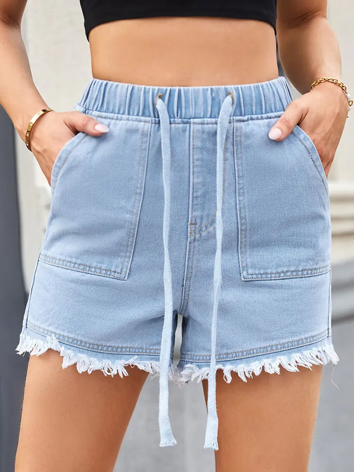 High-Waisted Drawstring Denim Shorts