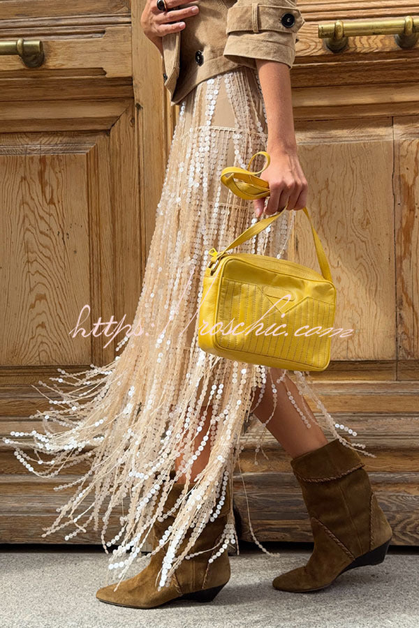 Champagne Party Layered Sequined Tassels Mid Rise Elastic Waist Midi Skirt, view 4 - Elena Harper