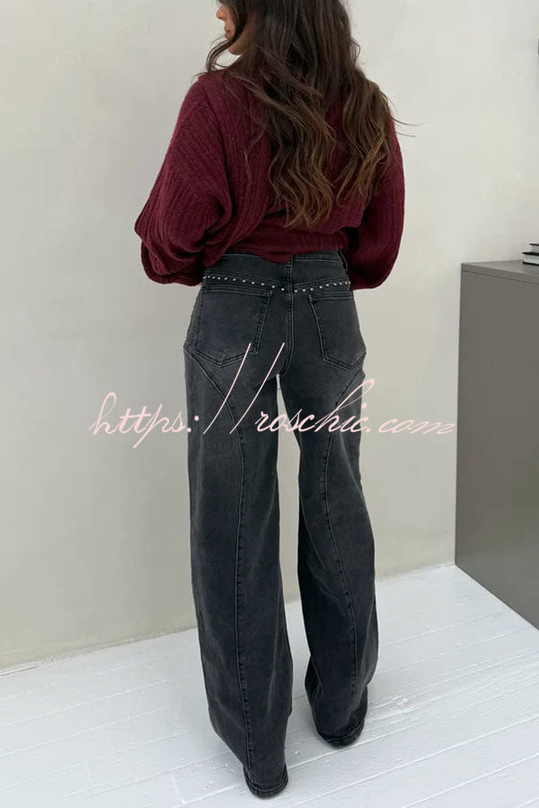 Trendy and Unique Denim Beaded High Rise Pocket Straight Leg Jeans