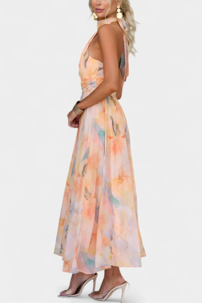 Alaia Dress with Watercolor Print and Halter Neck - Elena Harper
