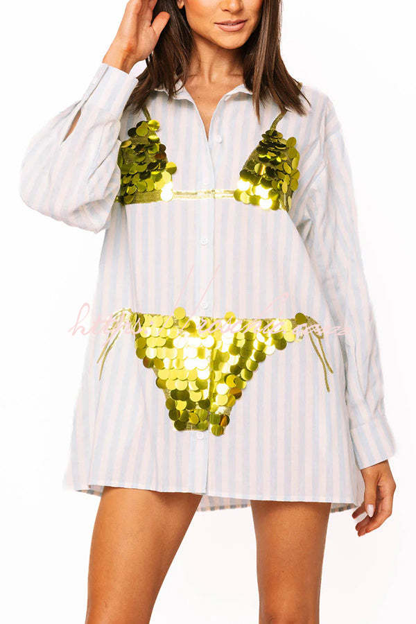 Vacation Vibe Gold Sequin Long-sleeved Bikini Pattern Blue & White Stripe Button Up Pocket Tunic (Shipped Within 24 Hours)