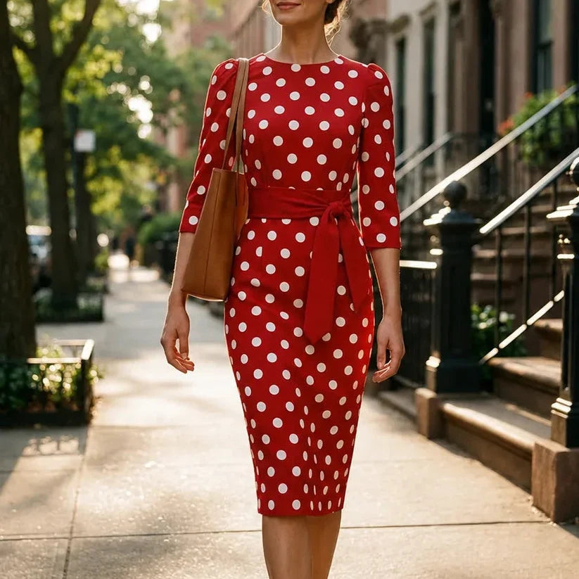 Belora Retro Polka Dot Midi Dress with Belted Waist - Elena Harper